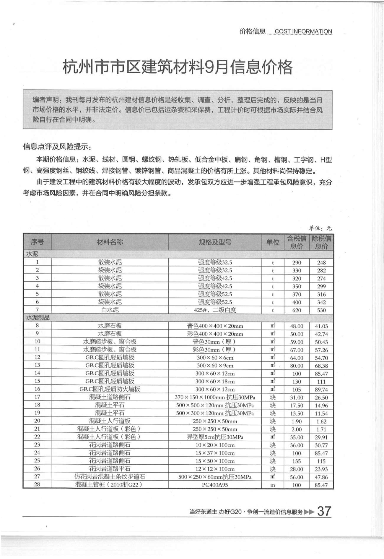 杭州2016年9月工程信息价