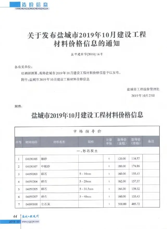 造价库盐城市2019年10月信息价期刊电子版PDF封面
