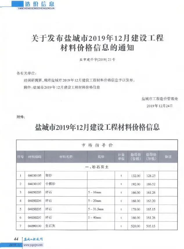 造价库盐城市2019年12月信息价期刊电子版PDF封面