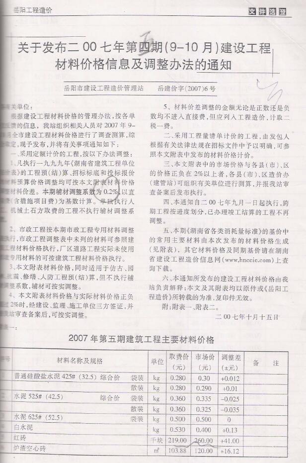 岳阳市2007年5月信息价造价库信息价