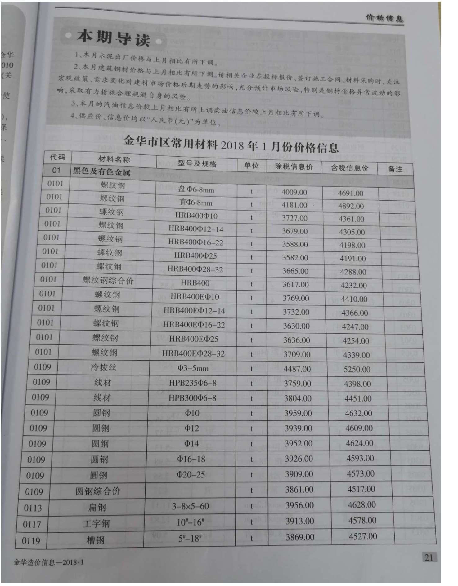 金华市2018年1月信息价造价库信息价