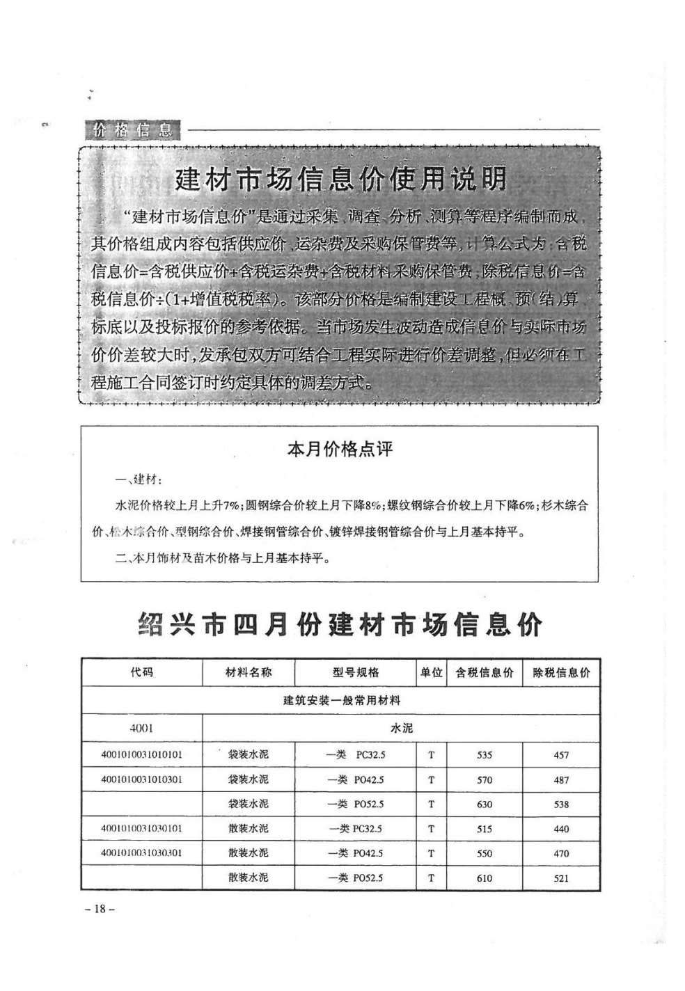 绍兴市2018年4月建设工程造价管理信息造价库信息价