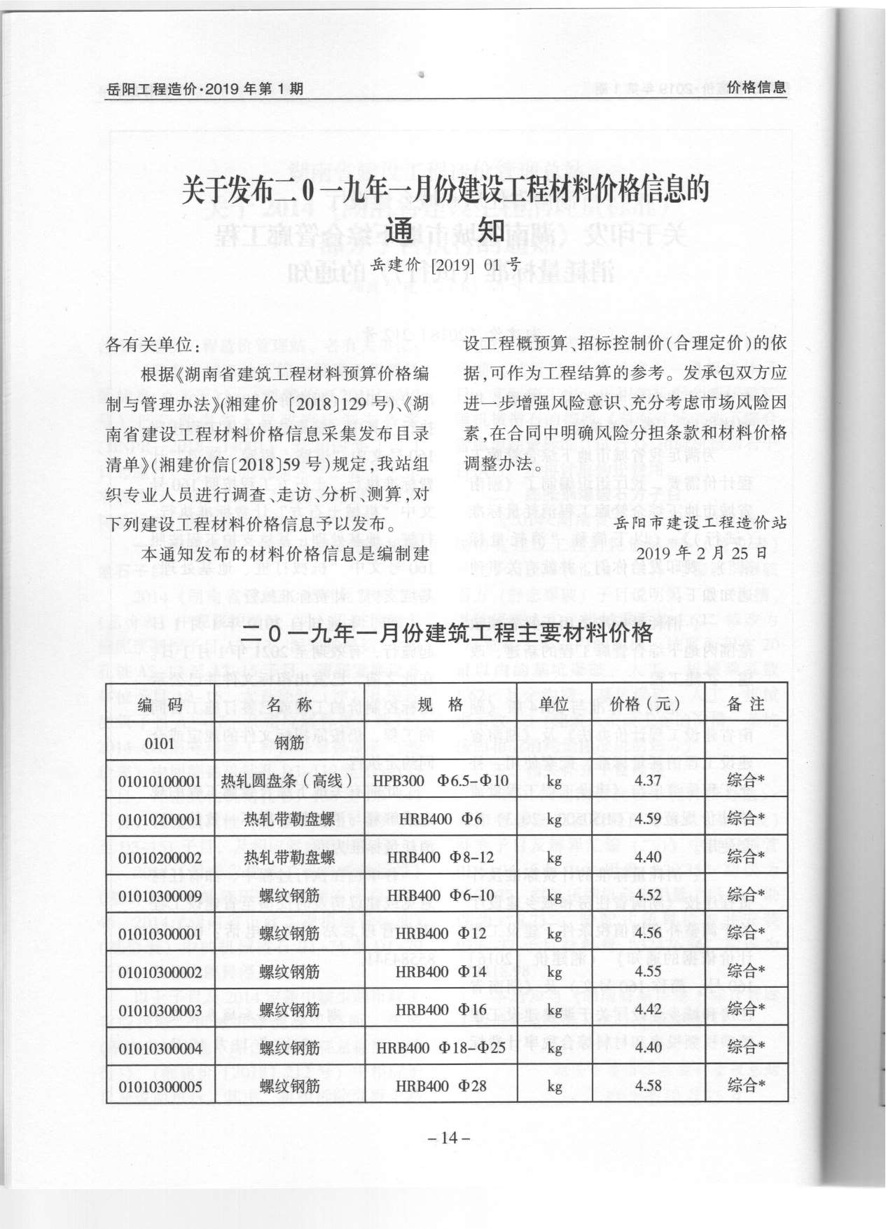 岳阳市2019年1月工程造价造价库信息价