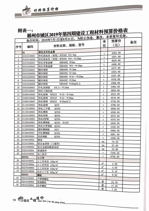 郴州市2019年4月建设工程造价造价库信息价