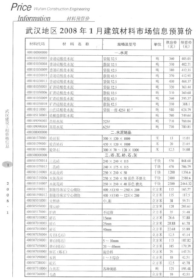 武汉市2008年1月信息价造价库信息价