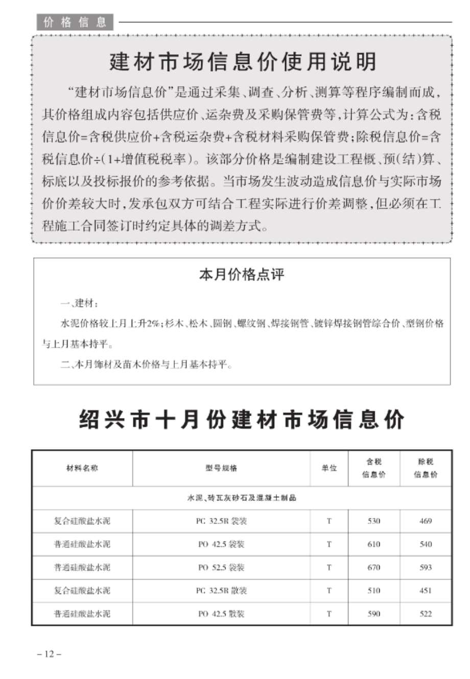 绍兴市2020年10月建设工程造价管理信息造价库信息价