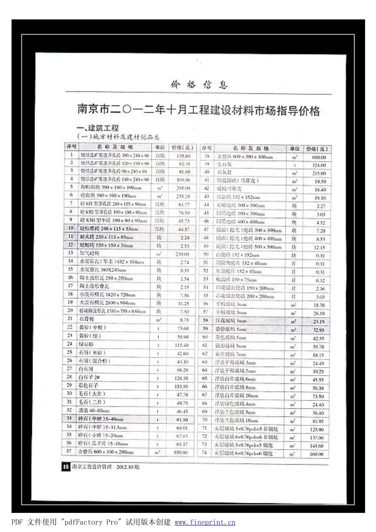 造价库南京市2012年10月信息价期刊电子版PDF封面
