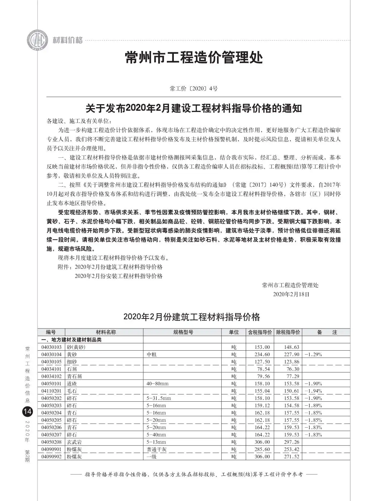 造价库常州市2020年2月信息价期刊电子版PDF封面