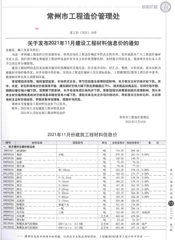 造价库常州市2021年11月信息价期刊电子版PDF封面