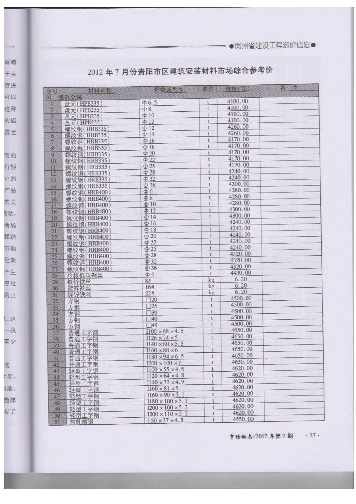 贵州省2012年7月信息价造价库信息价