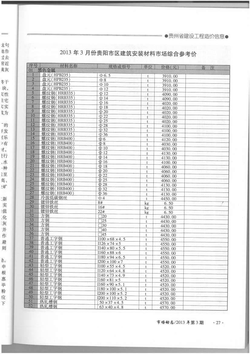 贵州省2013年3月信息价造价库信息价